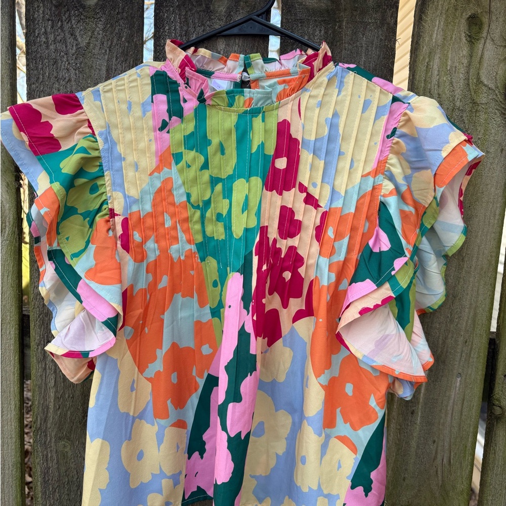 Colorful Printed Ruffle Sleeve Blouse - M Warhol Style